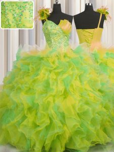 One Shoulder Handcrafted Flower Sleeveless Beading and Ruffles and Hand Made Flower Lace Up Sweet 16 Quinceanera Dress