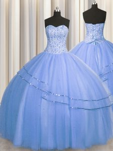 Visible Boning Big Puffy Blue Ball Gowns Beading Quinceanera Dress Lace Up Tulle Sleeveless Floor Length