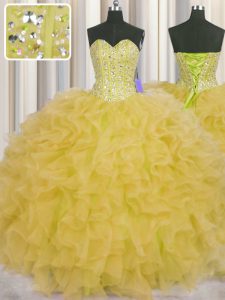 Visible Boning Yellow Lace Up Sweetheart Beading and Ruffles and Sashes ribbons Vestidos de Quinceanera Organza Sleevele