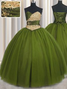 Nice Olive Green Sleeveless Floor Length Beading and Ruching and Belt Lace Up Quinceanera Gown