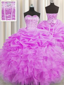 Visible Boning Lilac Organza Lace Up 15th Birthday Dress Sleeveless Floor Length Beading and Ruffles and Pick Ups