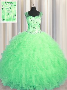 Customized See Through Zipper Up Floor Length Apple Green Sweet 16 Dress Tulle Sleeveless Beading and Ruffles