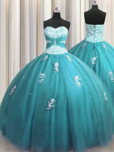 Halter Top Teal Tulle Lace Up Quince Ball Gowns Sleeveless Floor Length Beading and Appliques