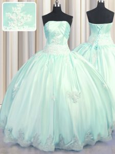 Floor Length Apple Green Quinceanera Gown Taffeta Sleeveless Beading and Appliques