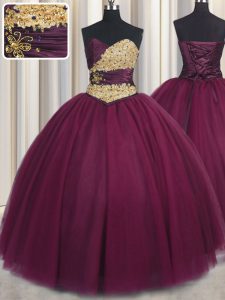 Floor Length Lace Up Sweet 16 Dress Burgundy for Military Ball and Sweet 16 and Quinceanera with Beading and Appliques