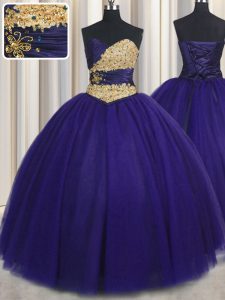 Sleeveless Floor Length Beading and Appliques Lace Up Ball Gown Prom Dress with Royal Blue
