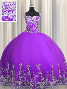 Straps Sleeveless Lace Up Quinceanera Dress Eggplant Purple Tulle