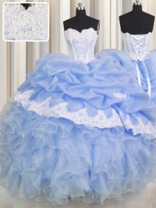Ideal Ruffled Floor Length Light Blue Quinceanera Dresses Sweetheart Sleeveless Lace Up