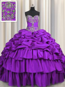 Hot Sale Pick Ups Embroidery Sweetheart Sleeveless Brush Train Lace Up Quinceanera Gowns Purple Taffeta