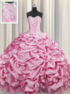 Romantic Brush Train Rose Pink Ball Gowns Beading and Pick Ups Quinceanera Dresses Lace Up Taffeta Sleeveless