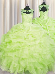 Scoop Sleeveless Ball Gown Prom Dress Floor Length Beading and Pick Ups Yellow Green Organza