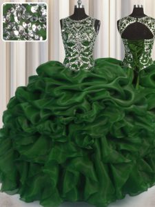 Chic Scoop See Through Floor Length Dark Green Quinceanera Gowns Organza Sleeveless Beading and Pick Ups