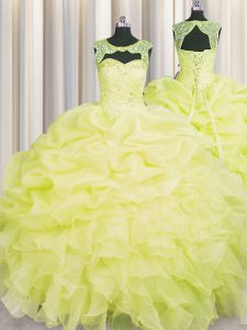 Fitting Pick Ups Floor Length Yellow Quinceanera Gown Scoop Sleeveless Lace Up