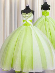 Organza Spaghetti Straps Sleeveless Lace Up Beading and Ruching Sweet 16 Dress in Yellow Green