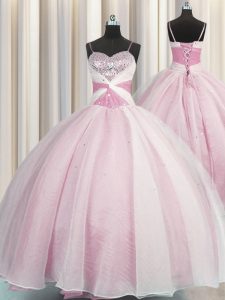 Spaghetti Straps Sleeveless Organza Floor Length Lace Up 15th Birthday Dress in Rose Pink with Beading and Ruching