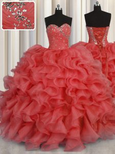 Coral Red Sweetheart Lace Up Beading and Ruffles Sweet 16 Quinceanera Dress Sleeveless