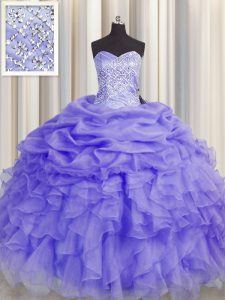 Sophisticated Lavender Organza Lace Up Quinceanera Gowns Sleeveless Floor Length Beading and Ruffles