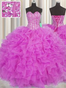 Affordable Visible Boning Fuchsia Ball Gowns Sweetheart Sleeveless Organza Floor Length Lace Up Beading and Ruffles Quin