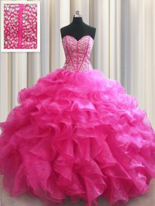 Ideal Visible Boning Sweetheart Sleeveless Sweet 16 Quinceanera Dress Floor Length Beading and Ruffles Hot Pink Organza