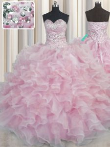 Wonderful Bling-bling Pink Organza Lace Up 15 Quinceanera Dress Sleeveless Floor Length Beading and Ruffles