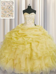 Light Yellow Sleeveless Beading and Ruffles Floor Length Sweet 16 Quinceanera Dress