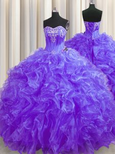 Purple Lace Up Sweetheart Beading and Ruffles Quinceanera Dresses Organza Sleeveless Brush Train