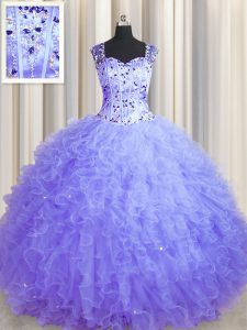 See Through Zipper Up Ball Gowns 15 Quinceanera Dress Lavender Square Tulle Sleeveless Floor Length Zipper