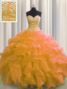 Hot Sale Visible Boning Orange Ball Gowns Organza Sweetheart Sleeveless Beading and Ruffles Floor Length Lace Up Vestido