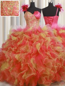 High End One Shoulder Handcrafted Flower Multi-color Ball Gowns Beading and Ruffles and Hand Made Flower Quinceanera Dre