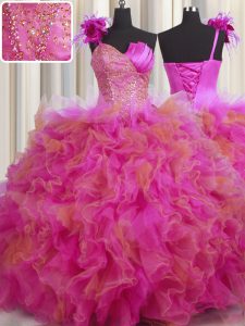 Fantastic One Shoulder Handcrafted Flower Floor Length Ball Gowns Sleeveless Multi-color Sweet 16 Quinceanera Dress Lace