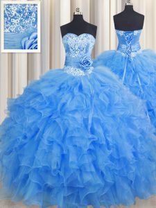 Decent Handcrafted Flower Baby Blue Lace Up Sweet 16 Dresses Beading and Ruffles and Hand Made Flower Sleeveless Floor L