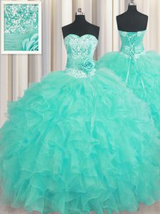 Sexy Handcrafted Flower Aqua Blue Lace Up Sweetheart Beading and Ruffles and Hand Made Flower Quinceanera Dresses Organz
