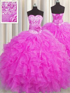Fantastic Handcrafted Flower Fuchsia Sweetheart Lace Up Beading and Ruffles and Hand Made Flower Quinceanera Gowns Sleev