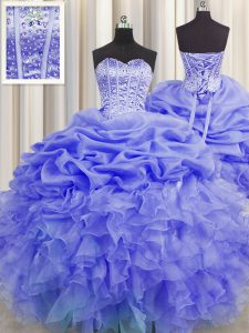 Suitable Visible Boning Sleeveless Floor Length Beading and Ruffles and Pick Ups Lace Up Quinceanera Gowns with Purple