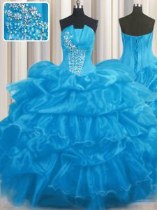 Baby Blue Organza Lace Up Strapless Sleeveless Floor Length Quinceanera Gown Beading and Ruffles and Pick Ups