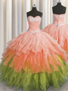 Beauteous Sleeveless Organza Floor Length Lace Up Sweet 16 Dress in Multi-color with Beading and Ruffles and Ruffled Lay