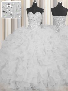 Noble Visible Boning Sleeveless Lace Up Floor Length Beading and Ruffles and Sashes ribbons Quinceanera Gowns