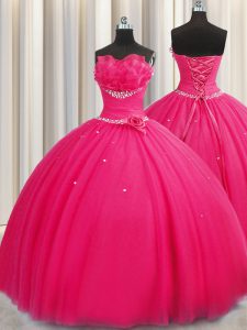 Luxury Handcrafted Flower Floor Length Hot Pink Sweet 16 Dresses Strapless Sleeveless Lace Up