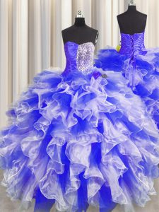 High Class Sleeveless Floor Length Beading and Ruffles and Ruching Lace Up Quinceanera Gowns with Blue And White
