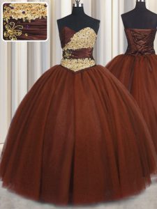 Glamorous Burgundy Lace Up Sweetheart Beading and Appliques Quinceanera Dress Tulle Sleeveless