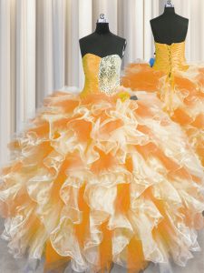 Elegant Sweetheart Sleeveless 15th Birthday Dress Floor Length Beading and Ruffles Multi-color Organza
