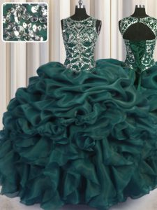 Scoop See Through Teal Sleeveless Floor Length Beading and Sequins and Pick Ups Lace Up Ball Gown Prom Dress