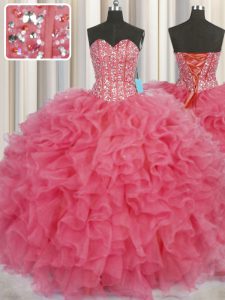 Charming Visible Boning Sleeveless Organza Floor Length Lace Up 15th Birthday Dress in Coral Red with Beading and Ruffle