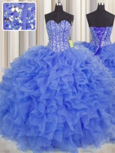 New Style Visible Boning Beading and Ruffles and Sashes ribbons 15 Quinceanera Dress Blue Lace Up Sleeveless Floor Lengt