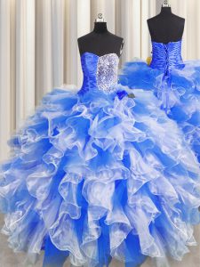 Blue And White Ball Gowns Beading and Ruffles and Ruching Quinceanera Gowns Lace Up Organza Sleeveless Floor Length