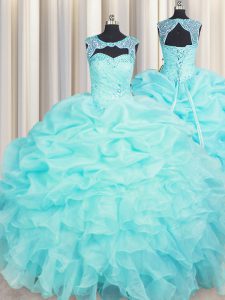 Scoop Floor Length Lace Up Quince Ball Gowns Aqua Blue for Military Ball and Sweet 16 and Quinceanera with Beading and P