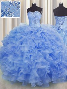 Cheap Floor Length Lace Up Quinceanera Gown Blue for Military Ball and Sweet 16 and Quinceanera with Beading and Ruffles