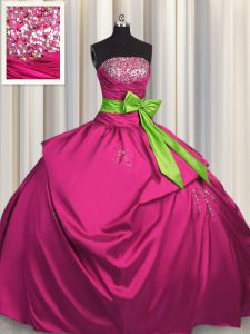 Exquisite Floor Length Fuchsia Quinceanera Gowns Satin Sleeveless Beading and Ruching and Bowknot