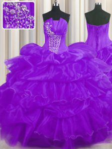 Exquisite Purple Sleeveless Floor Length Beading and Ruffled Layers and Pick Ups Lace Up Quince Ball Gowns