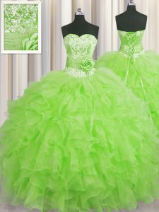 Handcrafted Flower Organza Sweetheart Sleeveless Lace Up Beading and Ruffles and Hand Made Flower Quinceanera Dresses in